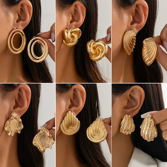 Zinc Alloy Geometric Metal Threaded Shell Earrings With Electroplating Design