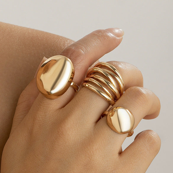 Zinc Alloy Geometric Open Ring Set With Irregular Smooth Shapes Lava Line Details And Polished Plated Finish Stackable Women's Jewelry