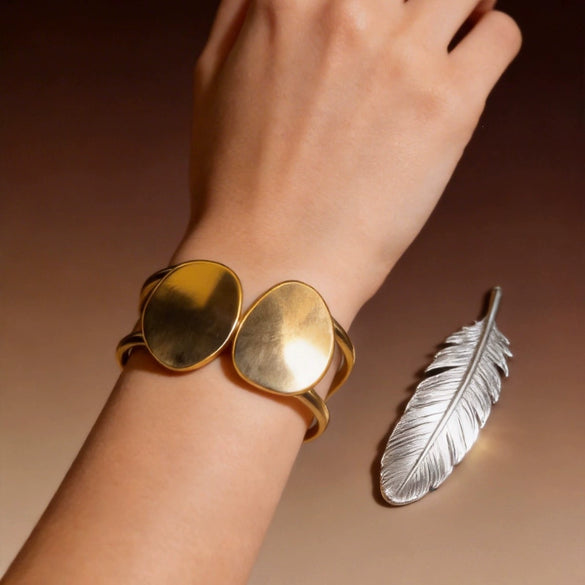 Zinc Alloy Geometric Oval Doublelayer Open Cuff Bracelet With Irregular Metallic Electroplated Design For Women