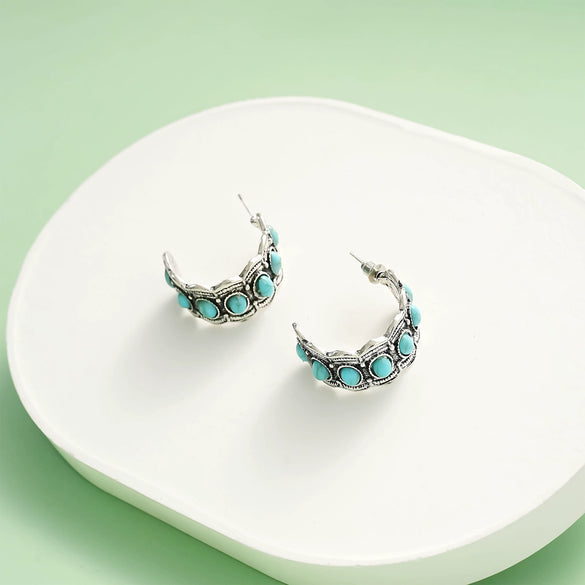 Zinc Alloy Geometric Retro Cshaped Electroplated Earrings For Women With Inlaid Green Natural Stone