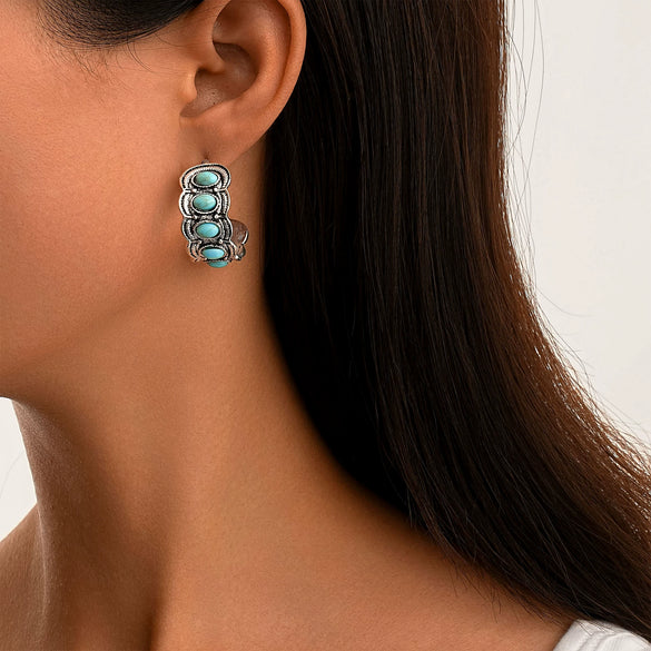 Zinc Alloy Geometric Retro Cshaped Electroplated Earrings For Women With Inlaid Green Natural Stone
