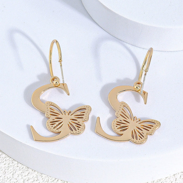 Zinc Alloy Letter And Butterfly Cutout Hoop Earrings With Clavicle Chain Versatile Unisex Jewelry Accessory
