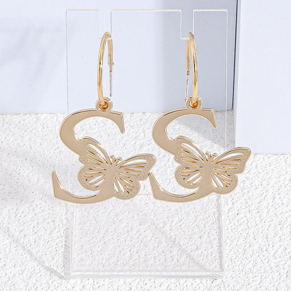 Zinc Alloy Letter And Butterfly Cutout Hoop Earrings With Clavicle Chain Versatile Unisex Jewelry Accessory
