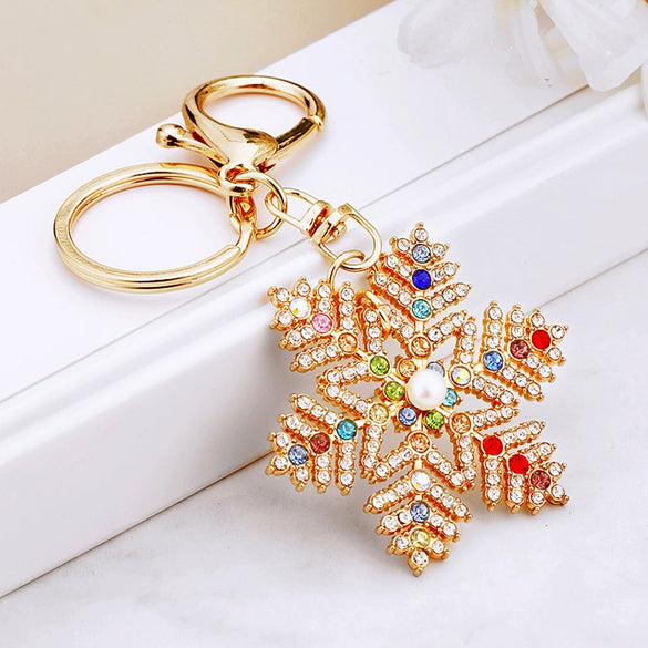 Zinc Alloy Metal Christmas Snowflake Car Keychain With Diamond Embedded For Women's Bag Pendant