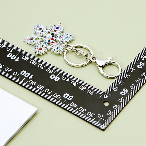 Zinc Alloy Metal Christmas Snowflake Car Keychain With Diamond Embedded For Women's Bag Pendant