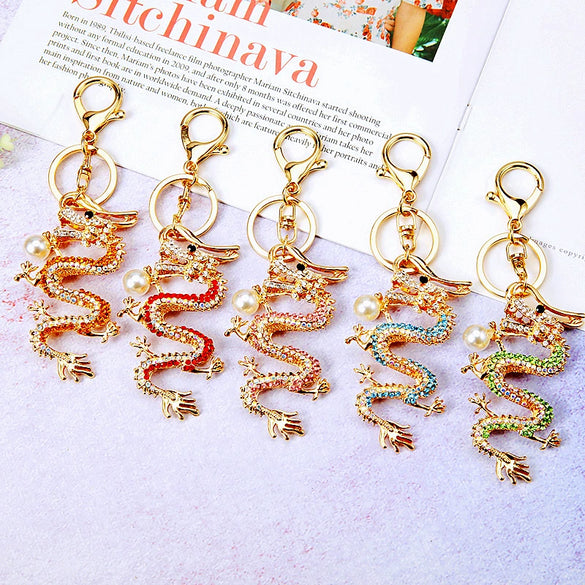 Zinc Alloy Rhinestone Zodiac Dragon Keychain For Women's Bag Pendant