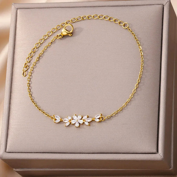 Zircon Flower Leaf Bracelet Geometric Simple Electroplating Style For Couple And Women