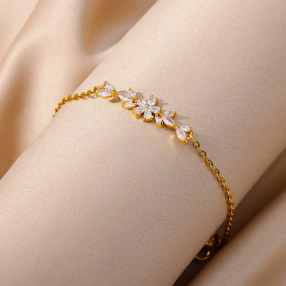 Zircon Flower Leaf Bracelet Geometric Simple Electroplating Style For Couple And Women