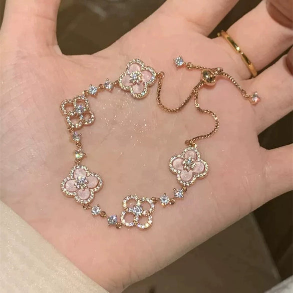 Zircon Flower Rhombus Hollow Handmade Adjustable Light Luxury All Match Elegant Women's Bracelet