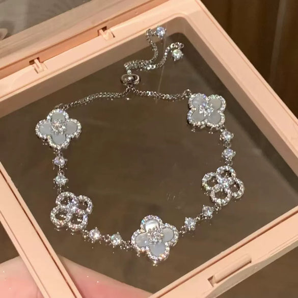 Zircon Flower Rhombus Hollow Handmade Adjustable Light Luxury All Match Elegant Women's Bracelet