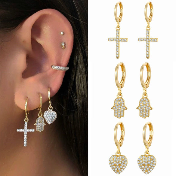 Zircon Heart Cross Earring Diamond Encrusted