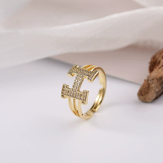 Zircon Letter H Open Ring Copper Light Luxury Electroplating For Women