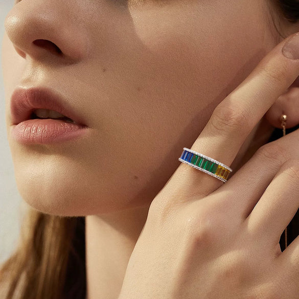 Zircon Ring S925 Inlaid Color Treasure Geometric Style For Men And Women