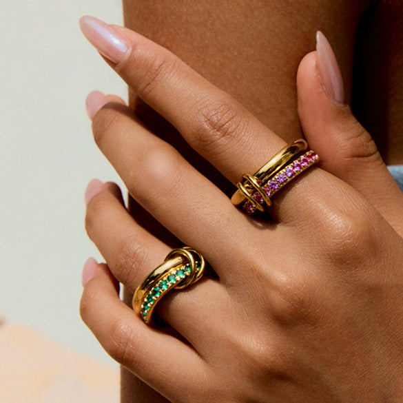 Zircon Ring Stainless Steel Nonfading Geometric Style Electroplated Jewelry For Women